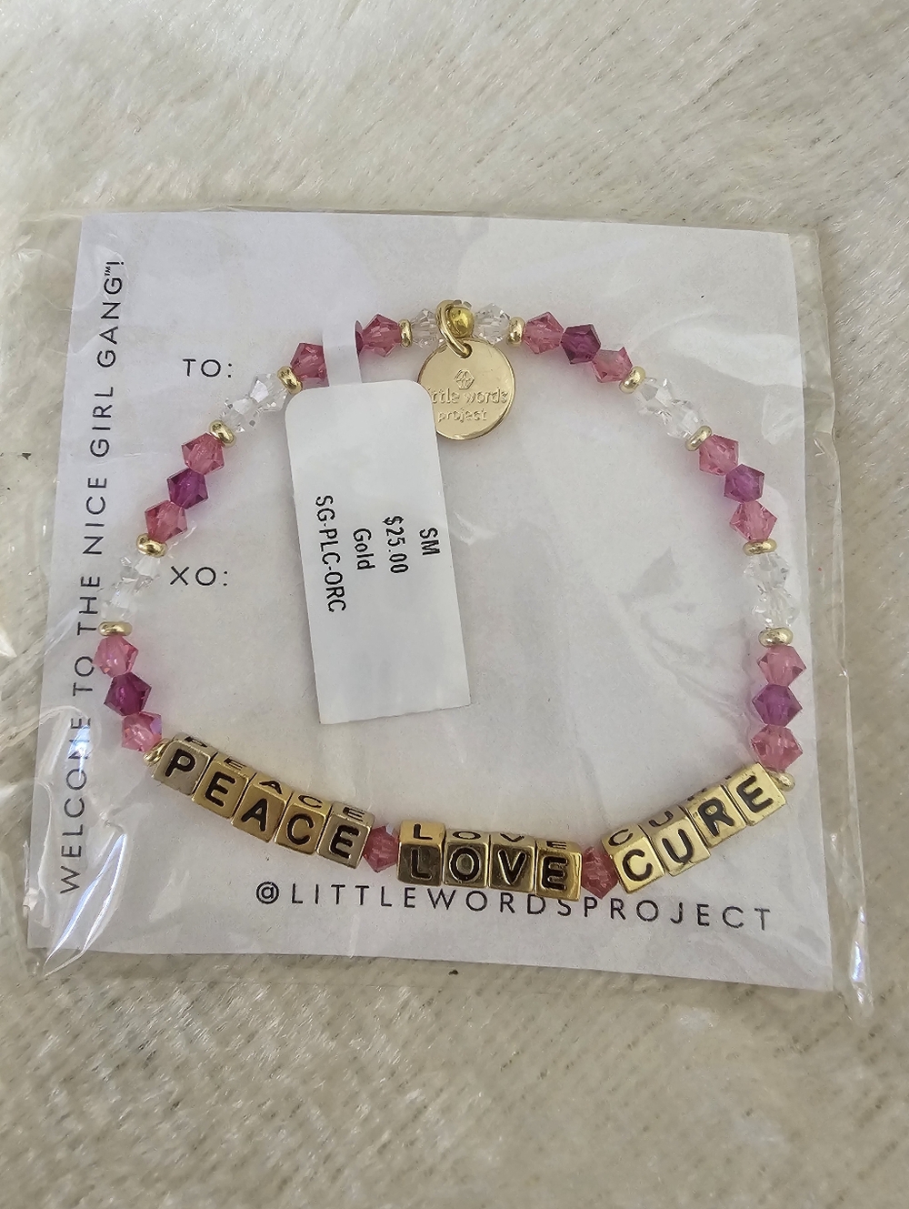 Little Words Project Gold Pink White CURE Bead Stretch Bracelet Wm Jewelry S/M